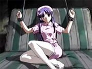 Scared anime nurse tied up on a bed