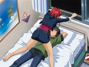 Anime babe on top of guy in the bed