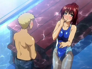 Anime brunette in the pool with guy