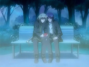 Two hentai gay boys kiss and love eachother on a park bench