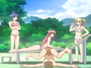 Bondage hentai guy with three swimsuit girls in the outdoors