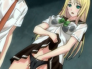 Blonde hentai schoolgirl in uniform fingers her wet pussy and gets fucked outdoors