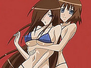 Lucky hentai hunk fucking two beautiful lesbo on the beach