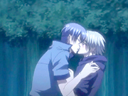 Gay anime lovers secretly kiss and make out in the outdoor forest