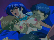 Cute anime brunette with a nice rack takes on two horny boys