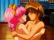 Pink haired anime teen with huge tits sucks on a hard cock
