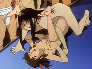 Anime lesbians share a double dildo