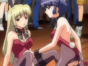 Two anime bunny girls share a dildo