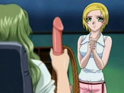 Two hentai babes share a double dildo